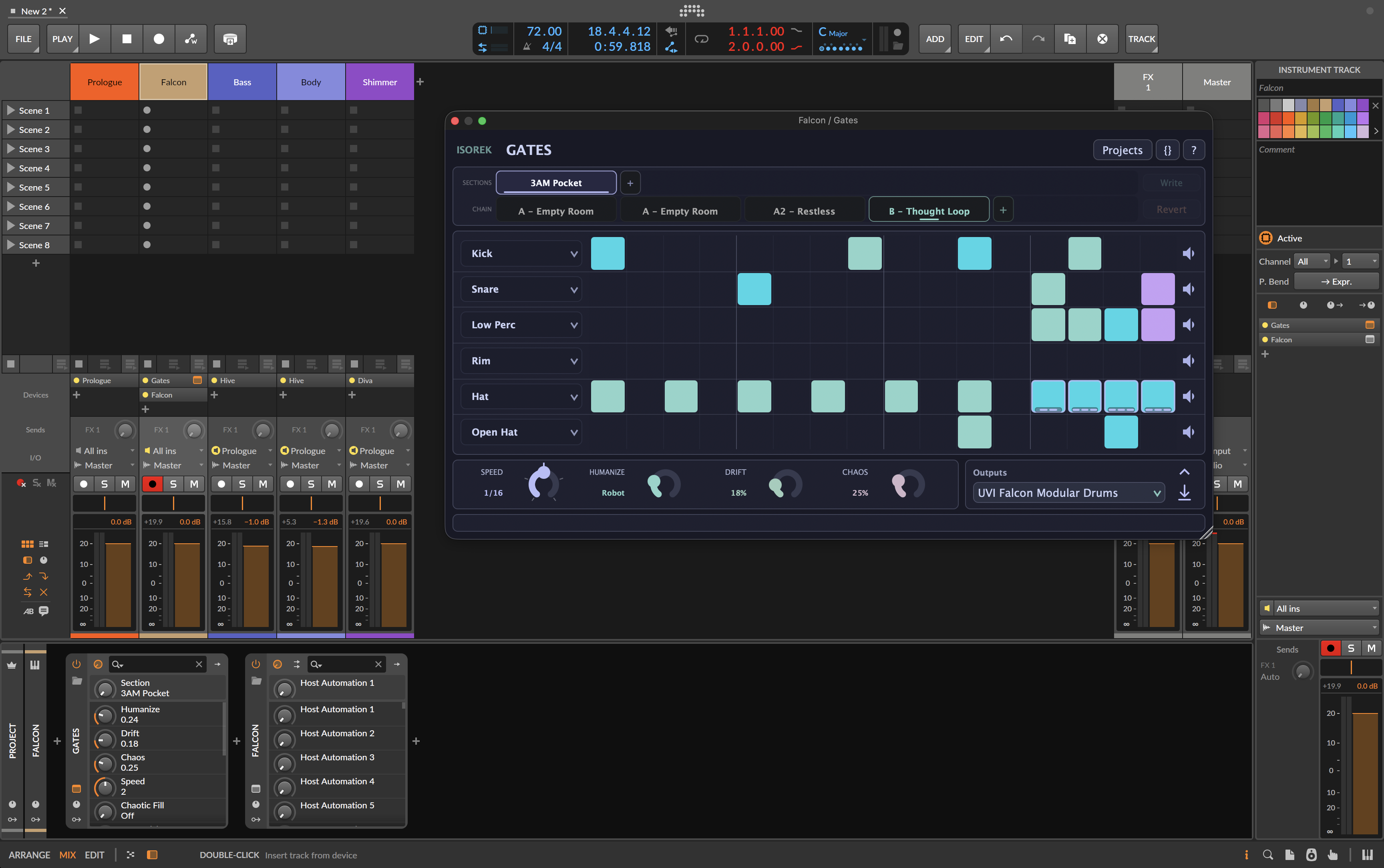 Bitwig Studio with Gates inserted before Falcon and UVI Falcon Modular Drums selected in Outputs