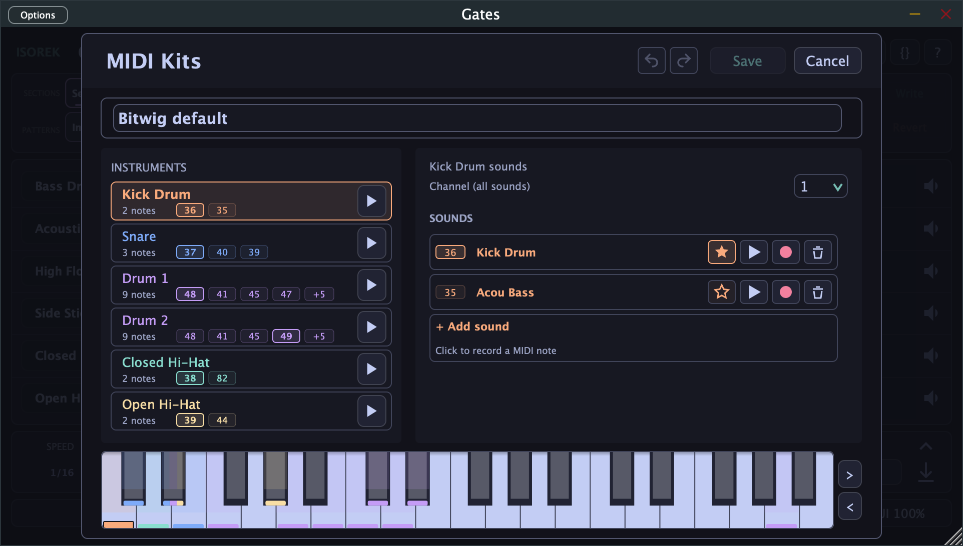 Gates MIDI kit editor with instrument groups, named MIDI sounds, default stars, audition and record buttons, and a piano keyboard