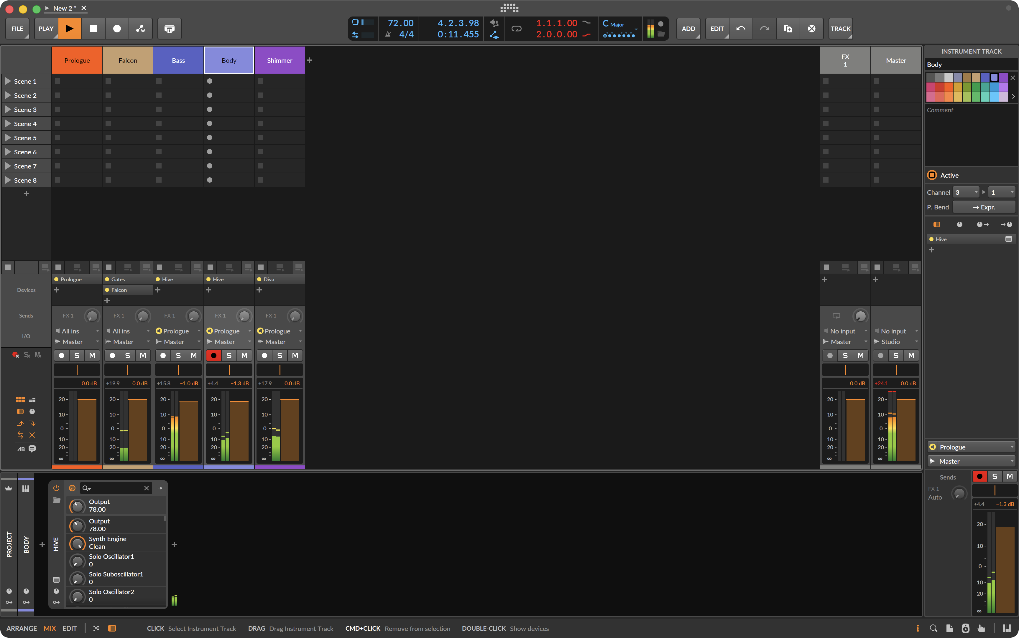 Bitwig Studio project with one Prologue track feeding separate Bass, Body, and Shimmer instrument tracks