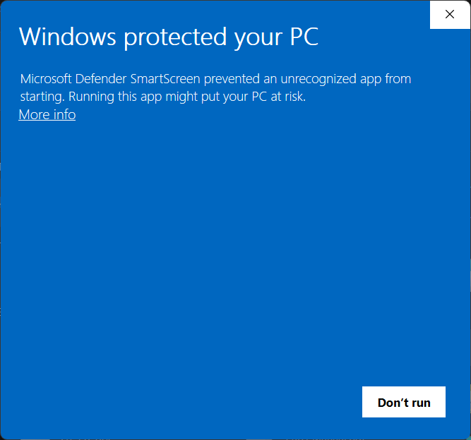 Windows protected your PC SmartScreen warning with the More info link