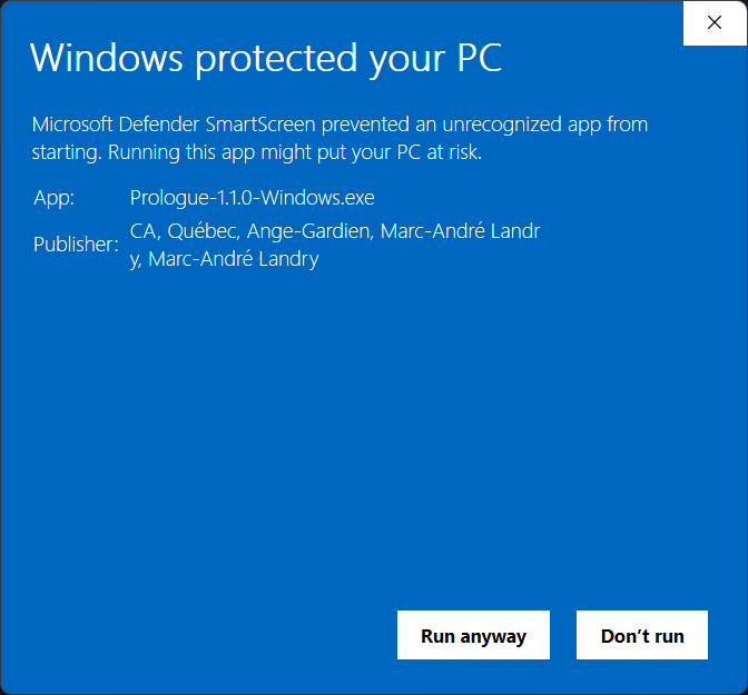 Expanded Windows protected your PC SmartScreen warning showing the Run anyway button